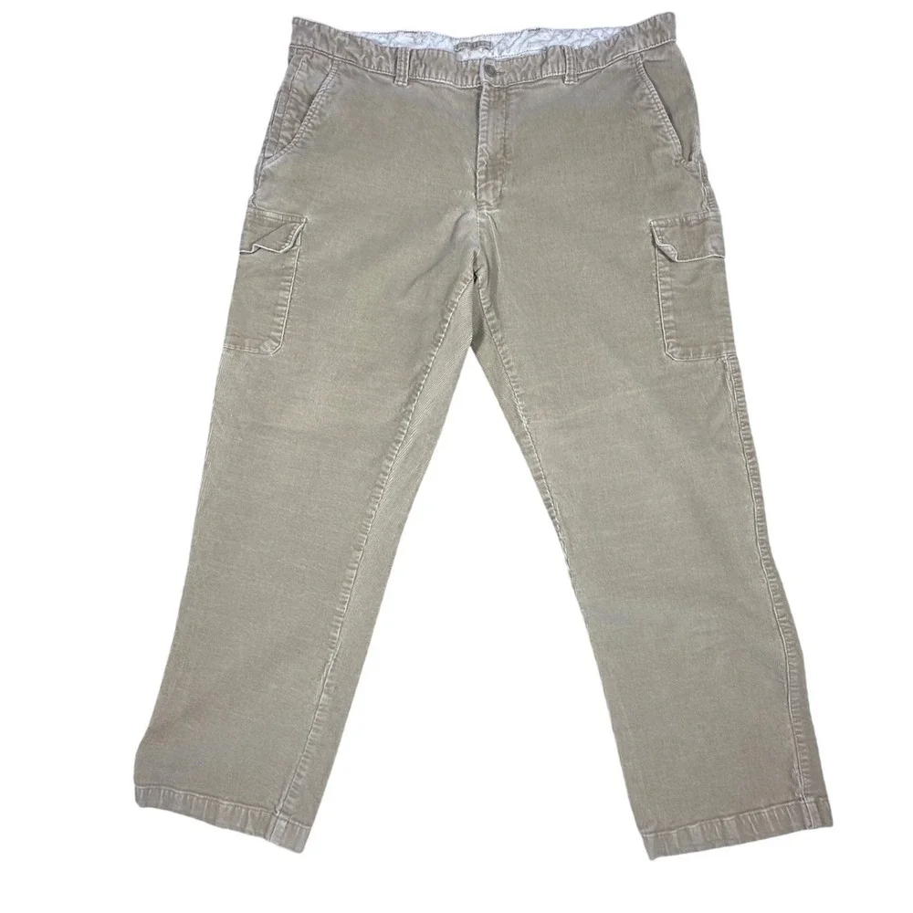 VTG LL Bean Men Tan Corduroy Cargo Pants 44x34 Straight Leg Stretch Khaki 285249